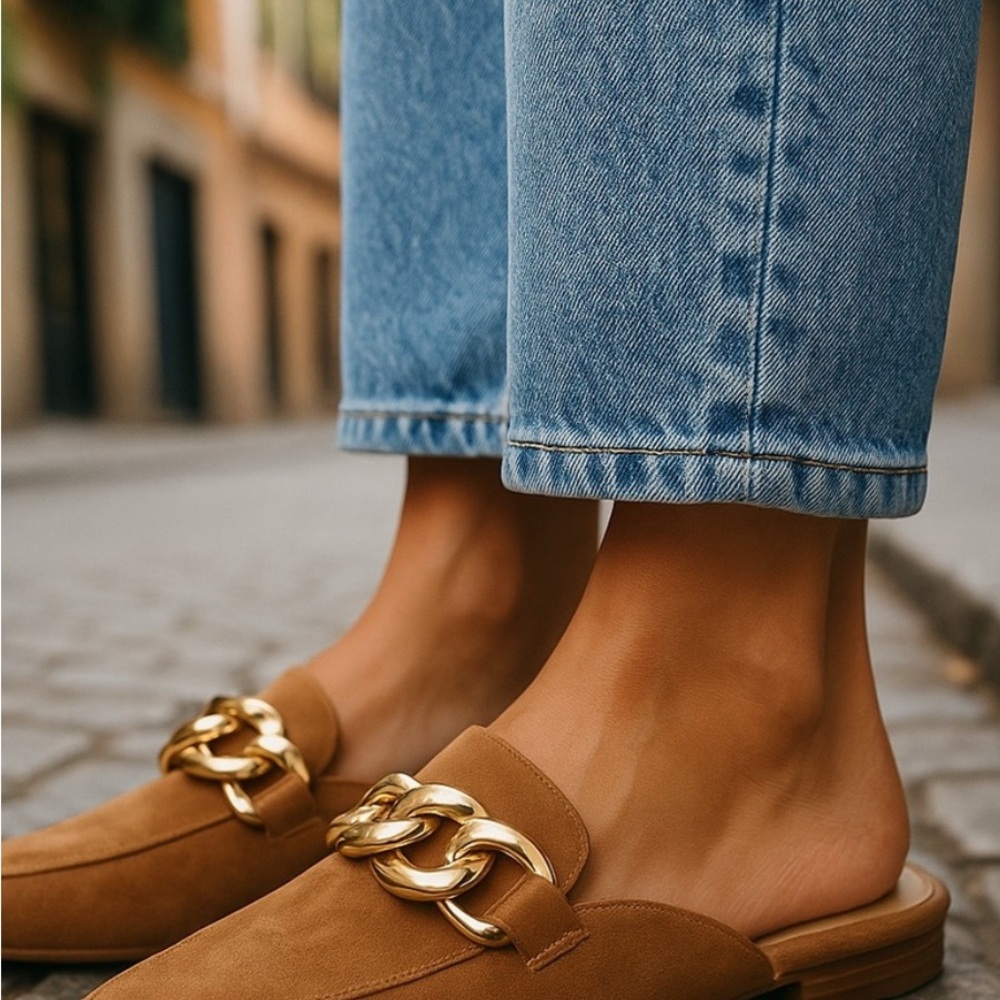 Steve Madden Tan Suede Mules with Gold Chain Detail